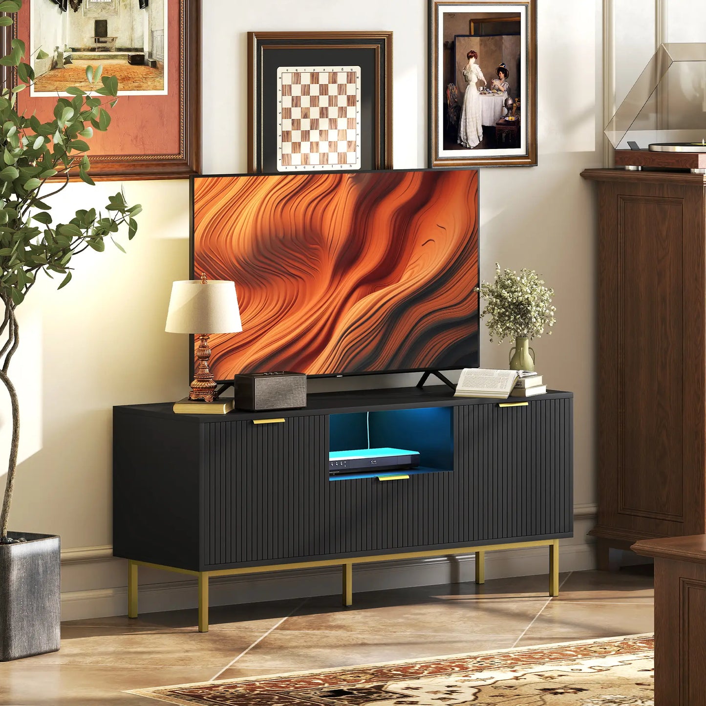 Modern TV Console For 40 Inch TVs, Smart RGB LED Lights, Soft Close Doors, Black TV Stands at Gallery Canada
