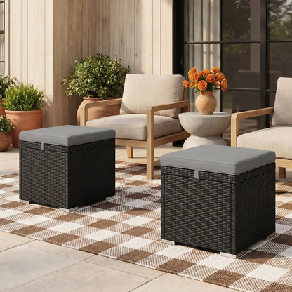 2 Wicker Outdoor Ottomans with Storage, Removable Cushion, Grey