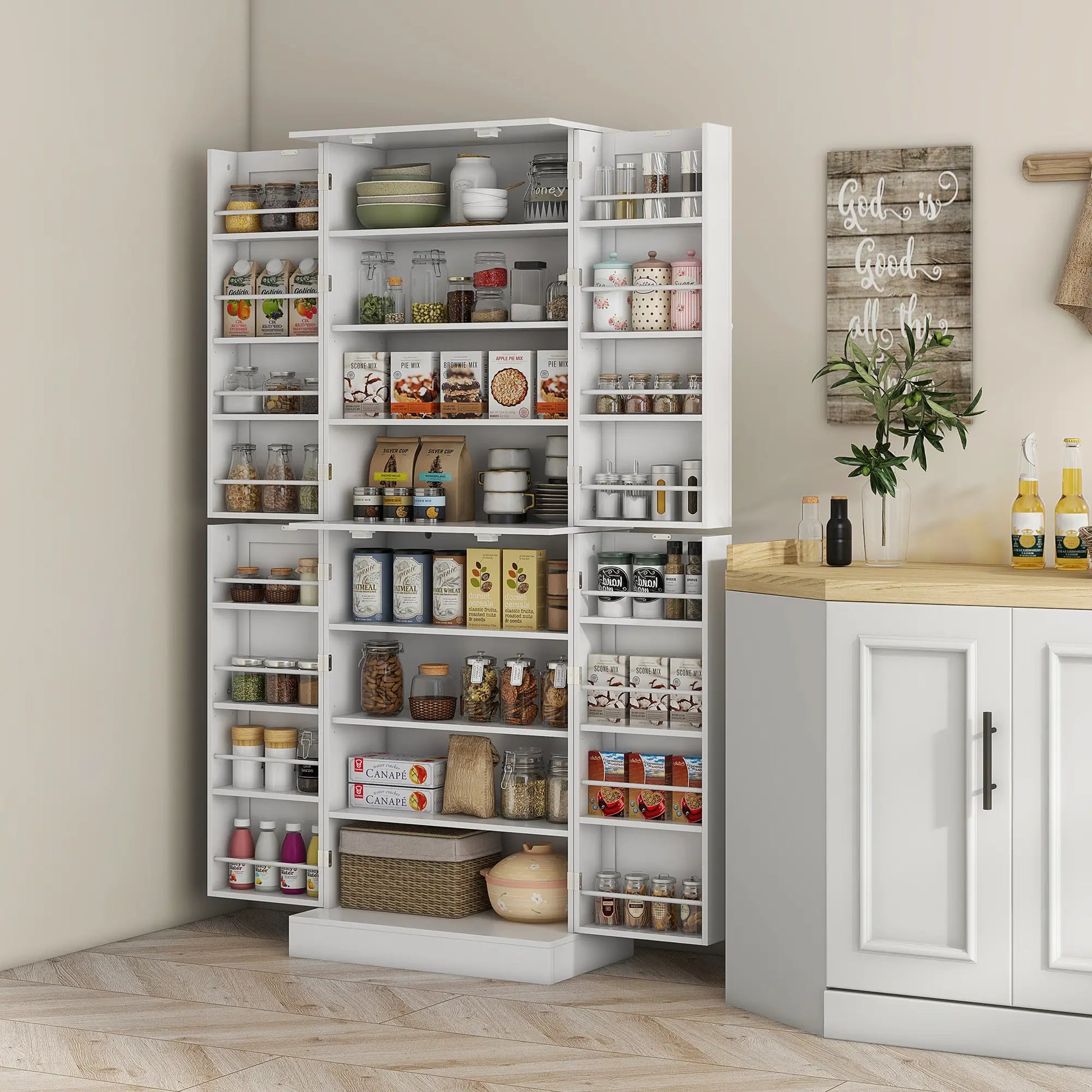 65" Kitchen Pantry Cabinet, 4 Doors, 16 Shelves, White Kitchen Pantry Cabinets at Gallery Canada
