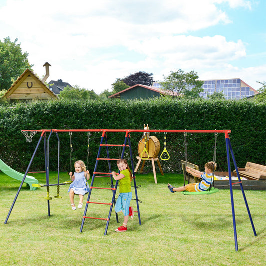 6 In 1 Swing Set for Kids Outdoor, Metal Swing Frame with Saucer Swing, Climbing Frame, Glider, Trapeze Bar, Basketball Hoop - Gallery Canada