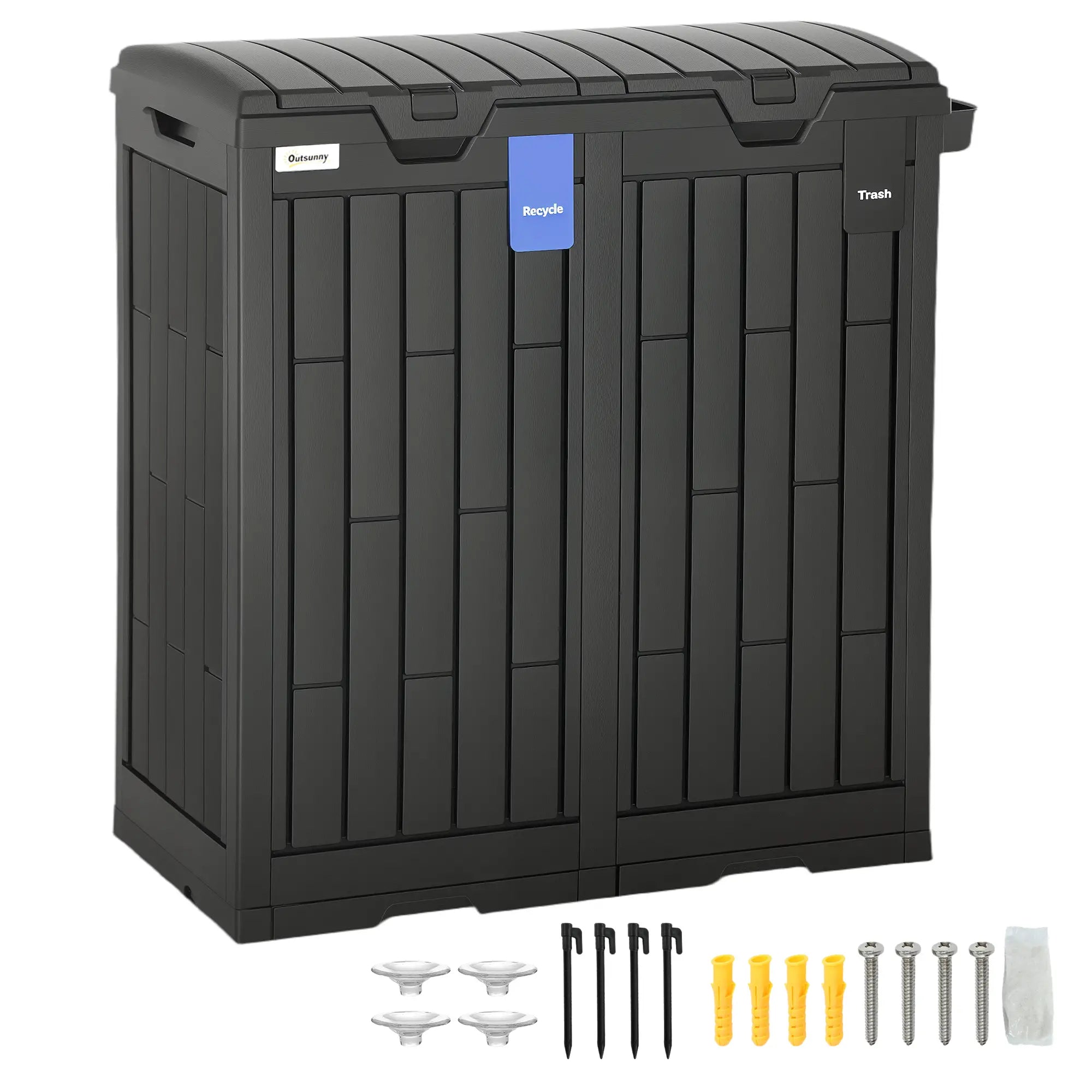 58 Gallon Double Outdoor Garbage Bin, Dual Lid, Plastic Waste Trash Can, Black Garden Accessories at Gallery Canada