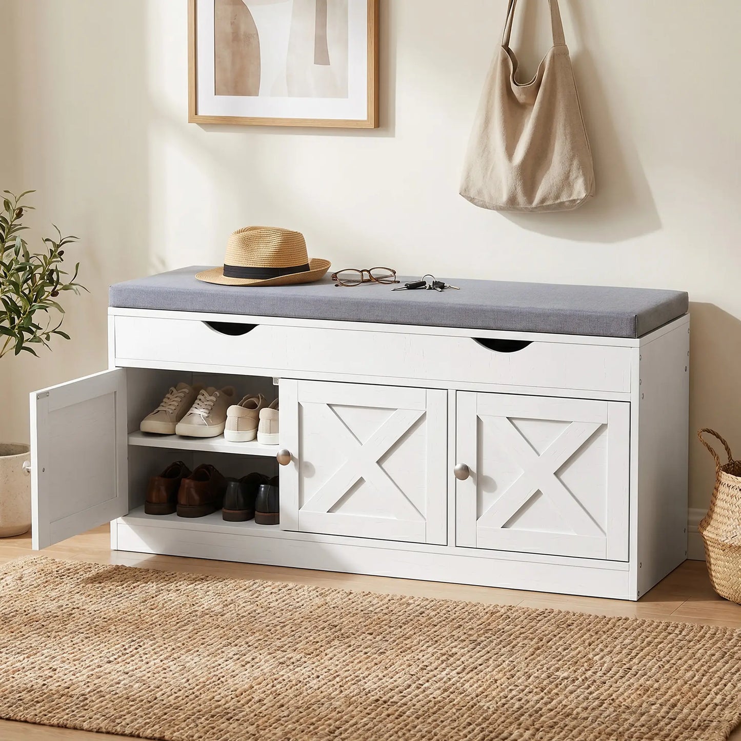 3-Door Shoe Bench with Cushion, Adjustable Shelves, White