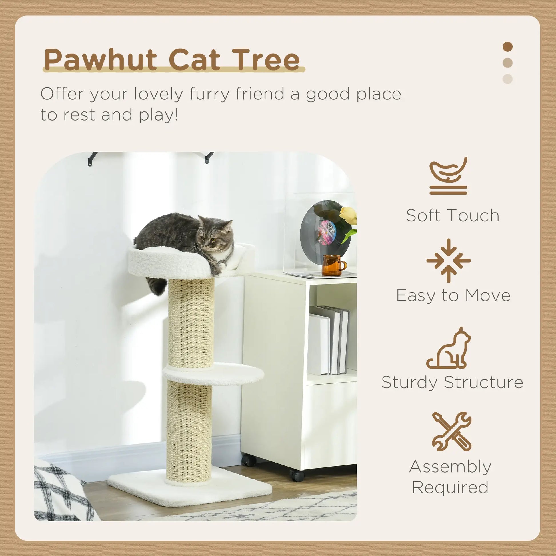 Cat Tree with Scratching Post, Bed, Cushion, Perch, 18" x 18" x 36", Cream White Cat Towers at Gallery Canada
