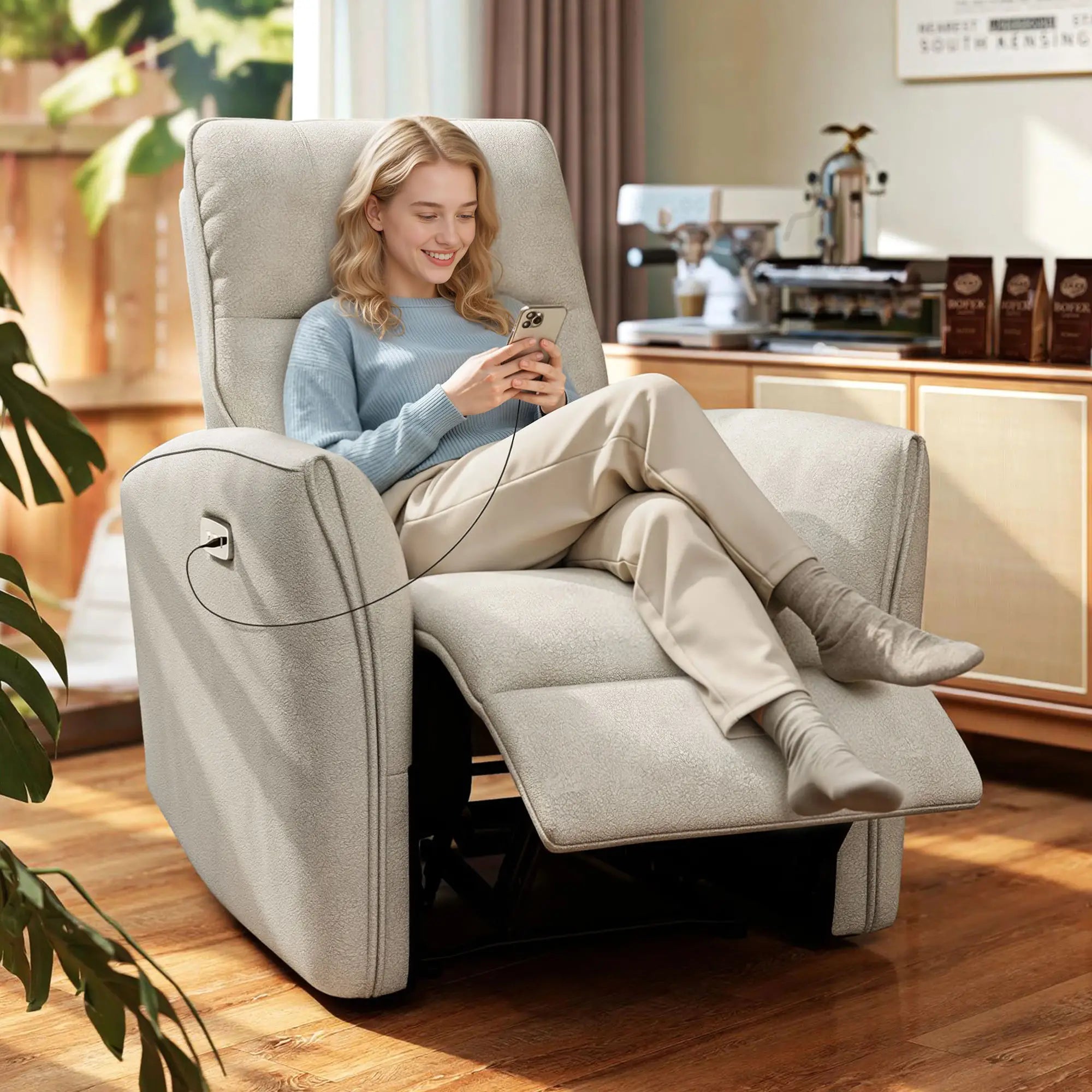 Power Recliner Chair, Fabric Upholstered, USB Ports, Footrest, Beige Sofas & Reclining Chairs at Gallery Canada