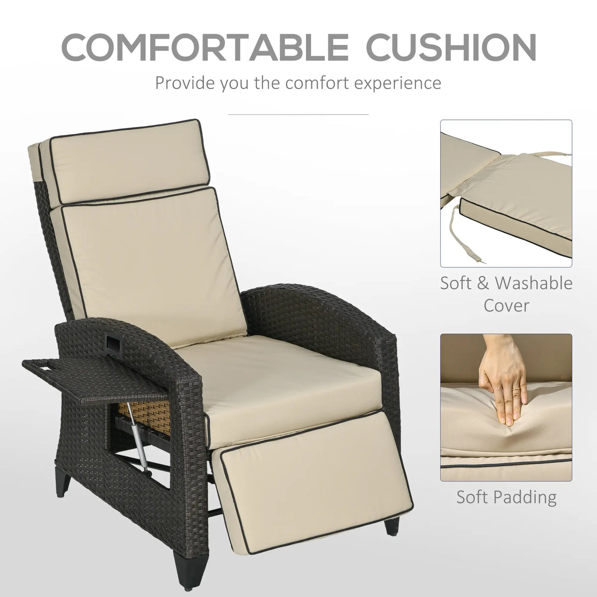 Outdoor Recliner Chair, Adjustable Backrest, Cushion, Side Tray, Khaki Chaise Loungers at Gallery Canada