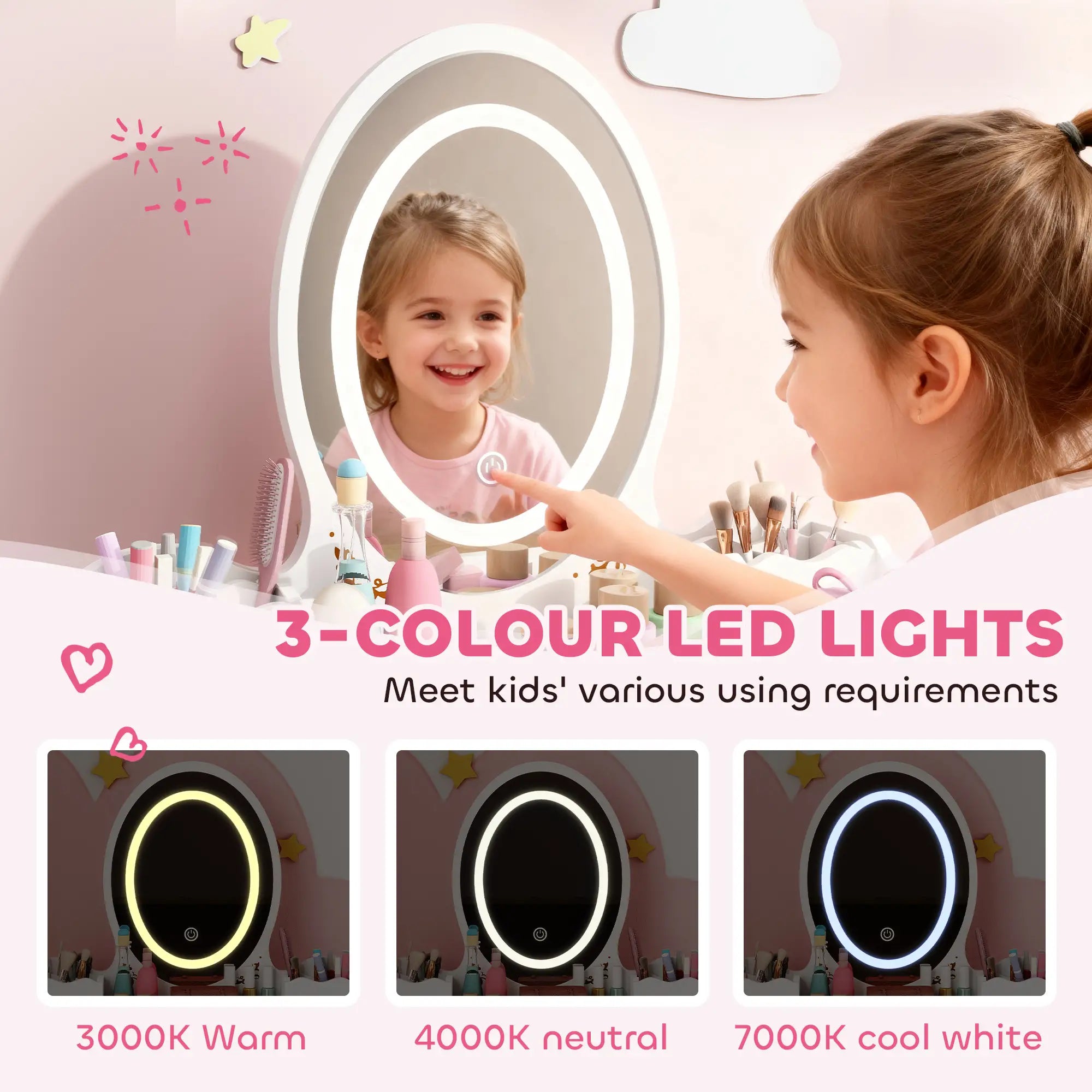 Kids Vanity Set with Mirror, Stool, 3-Color LED Lights, Pink Toy Vanity at Gallery Canada