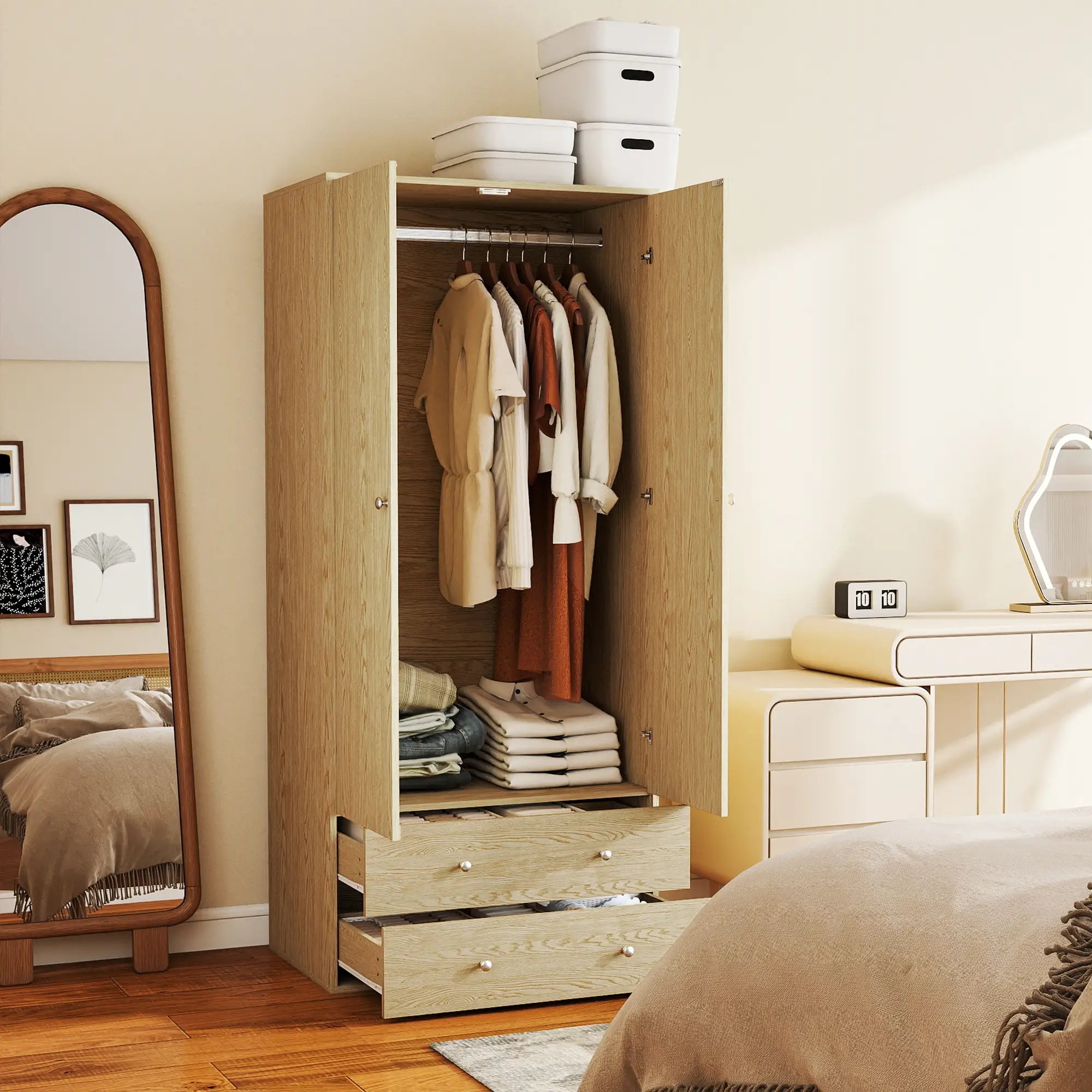 Modern Wardrobe Closet, 2 Drawers, Hanging Rod, Natural Wood Clothing Storage at Gallery Canada