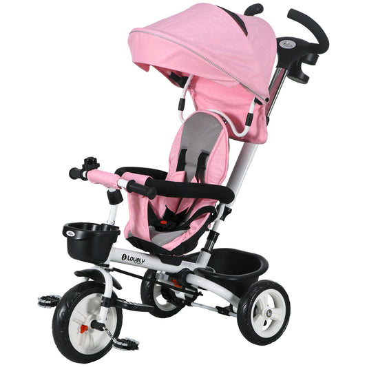6 in 1 Toddler Tricycle with Parent Push Handle, Canopy, Storage Baskets, Cupholder, Pink