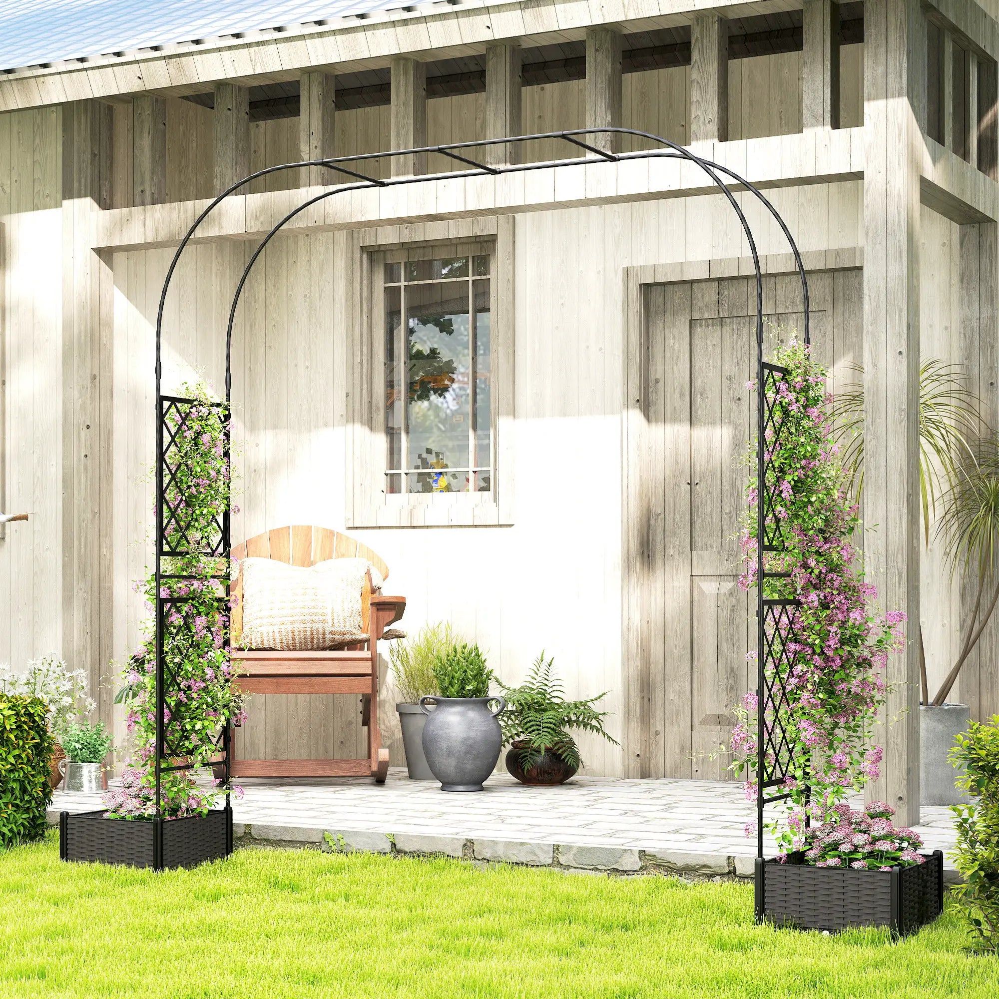 Garden Arch Trellis Arbor With 2 Planter Boxes, 109.4