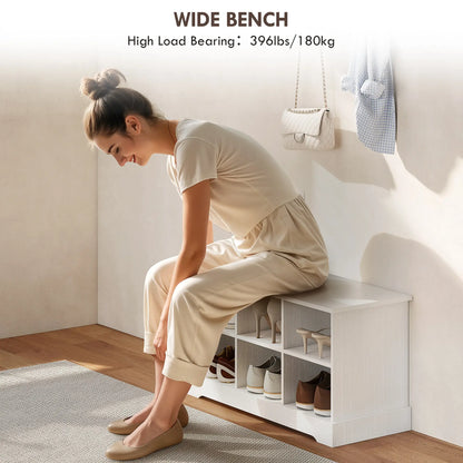 Coat Rack Shoe Bench Set, 8 Storage Cubbies, 4 Hooks, White