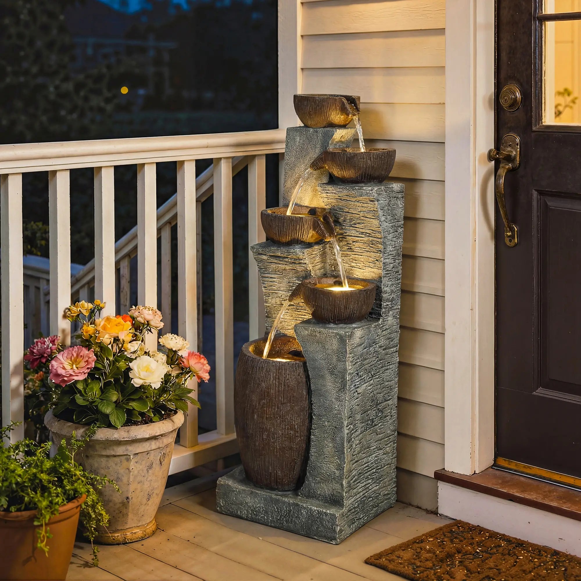 5-Tier Outdoor Water Fountain, Cascading Rock Waterfall, Grey Rustic Brown Water Fountains at Gallery Canada