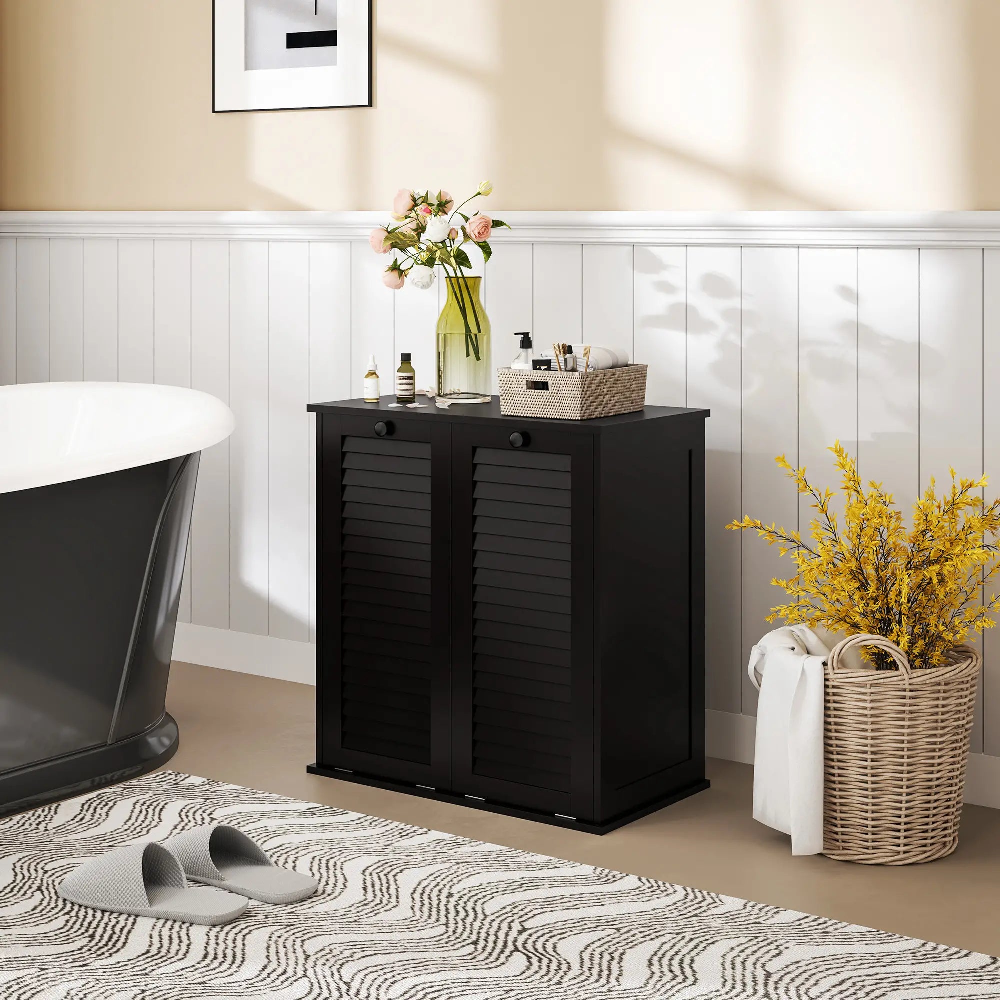 Tilt Out Laundry Cabinet, 2 Baskets, 2 Louvered Doors, Black Bathroom Cabinets at Gallery Canada