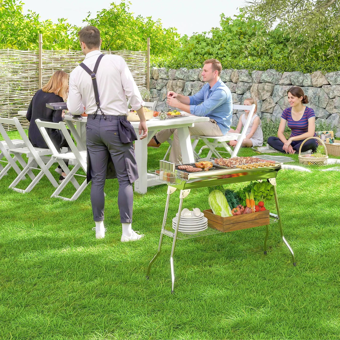 Portable Charcoal Grill, Stainless Steel, Folding With Shelf