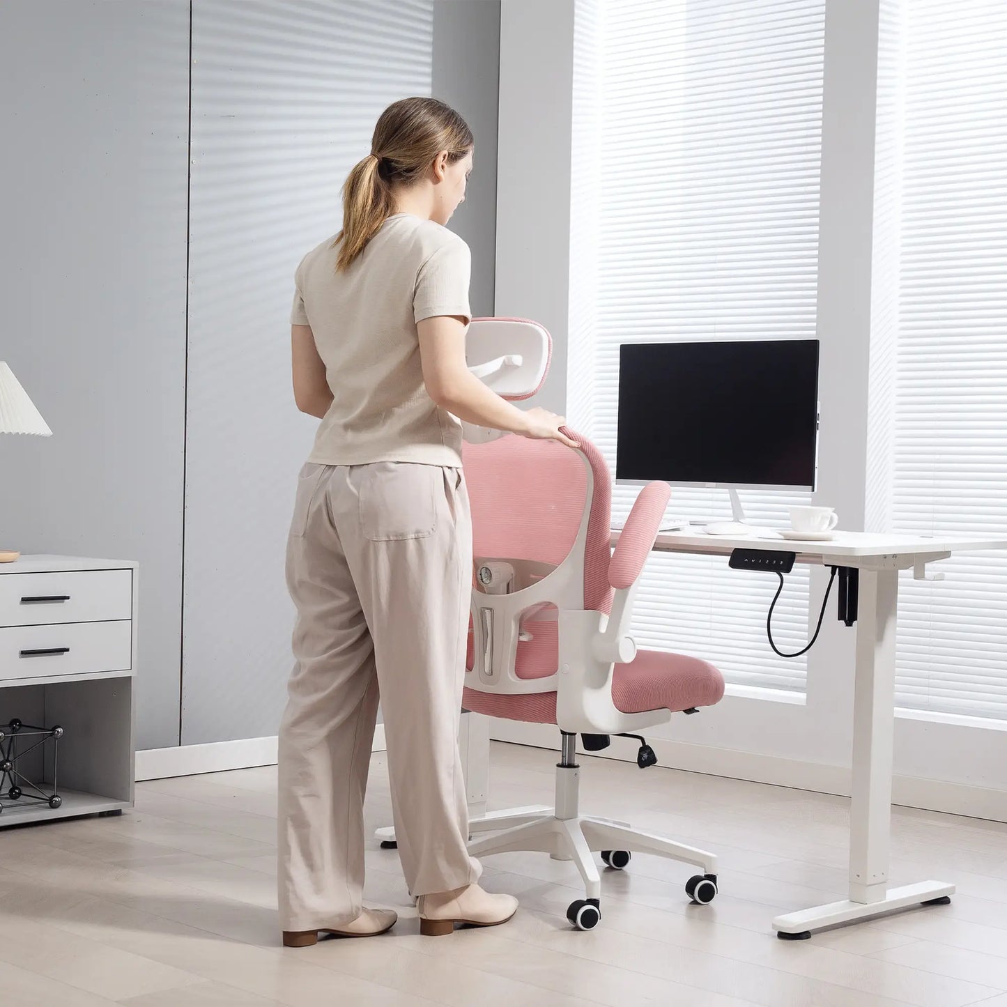 Mesh Office Chair, Adjustable Headrest, 4D Lumbar Support, Flip-Up Arm, Pink Office Chairs at Gallery Canada