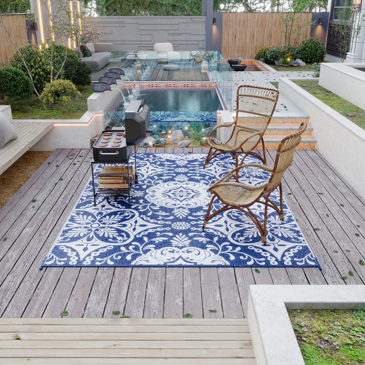 Portable Outdoor Rug, 9' x 12', White Flower, Waterproof, Reversible, Blue Outdoor Reversible Rugs at Gallery Canada