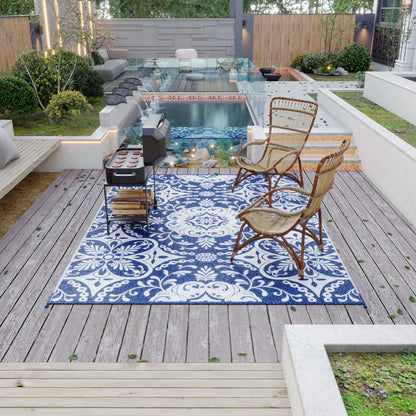 Portable Outdoor Rug, 9' x 12', White Flower, Waterproof, Reversible, Blue Outdoor Reversible Rugs at Gallery Canada