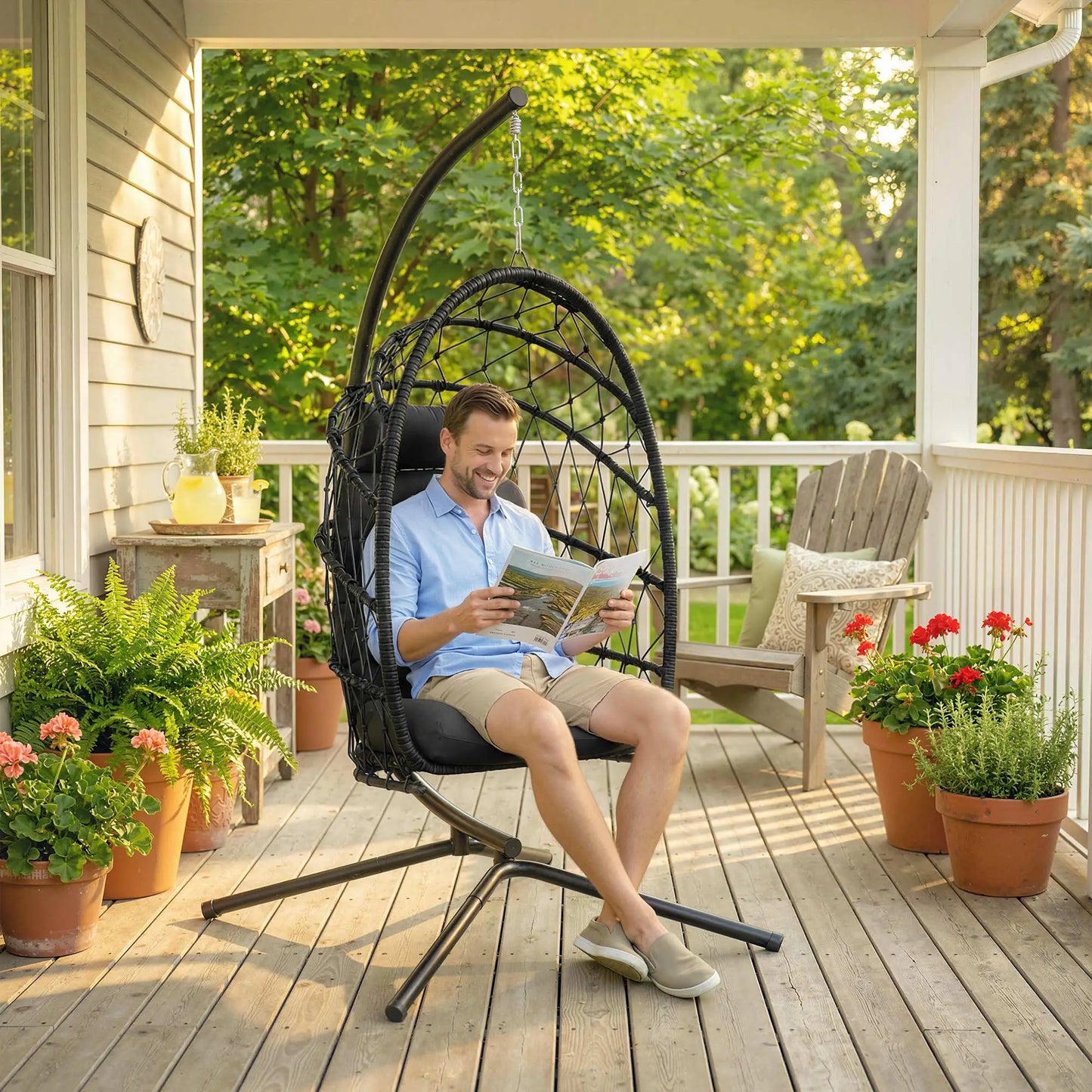 Hanging Egg Chair With Stand, Foldable Wicker Rattan Swing, Thick Cushion, Black Patio Swings with Stand at Gallery Canada
