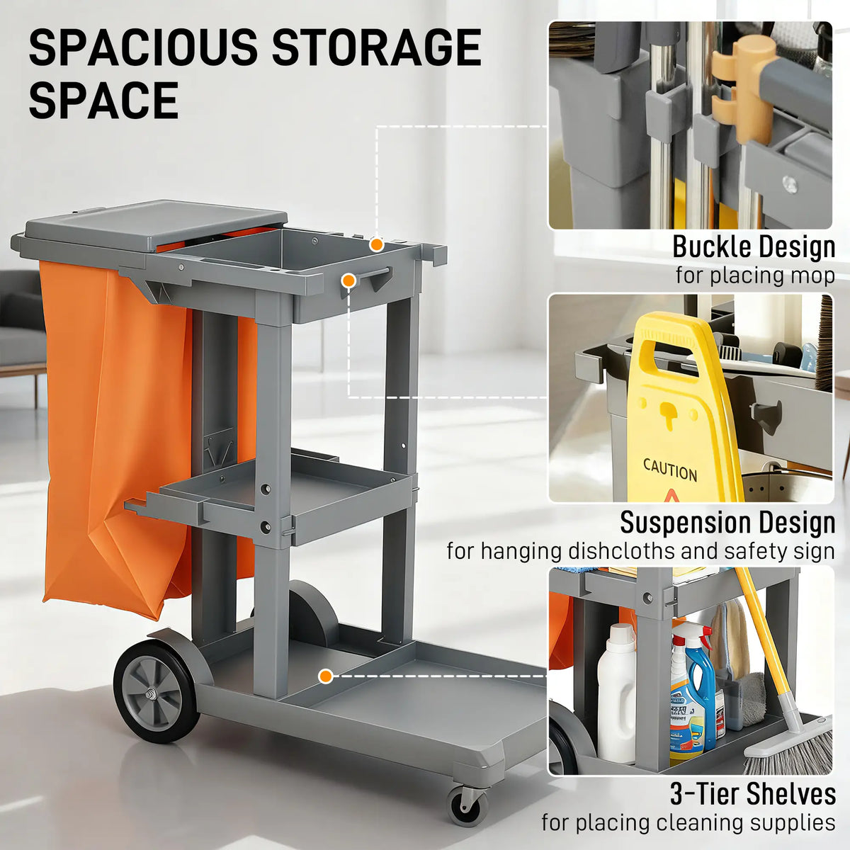 Commercial Janitorial Cart, 3 Tier Shelves, Grey Household Supplies at Gallery Canada
