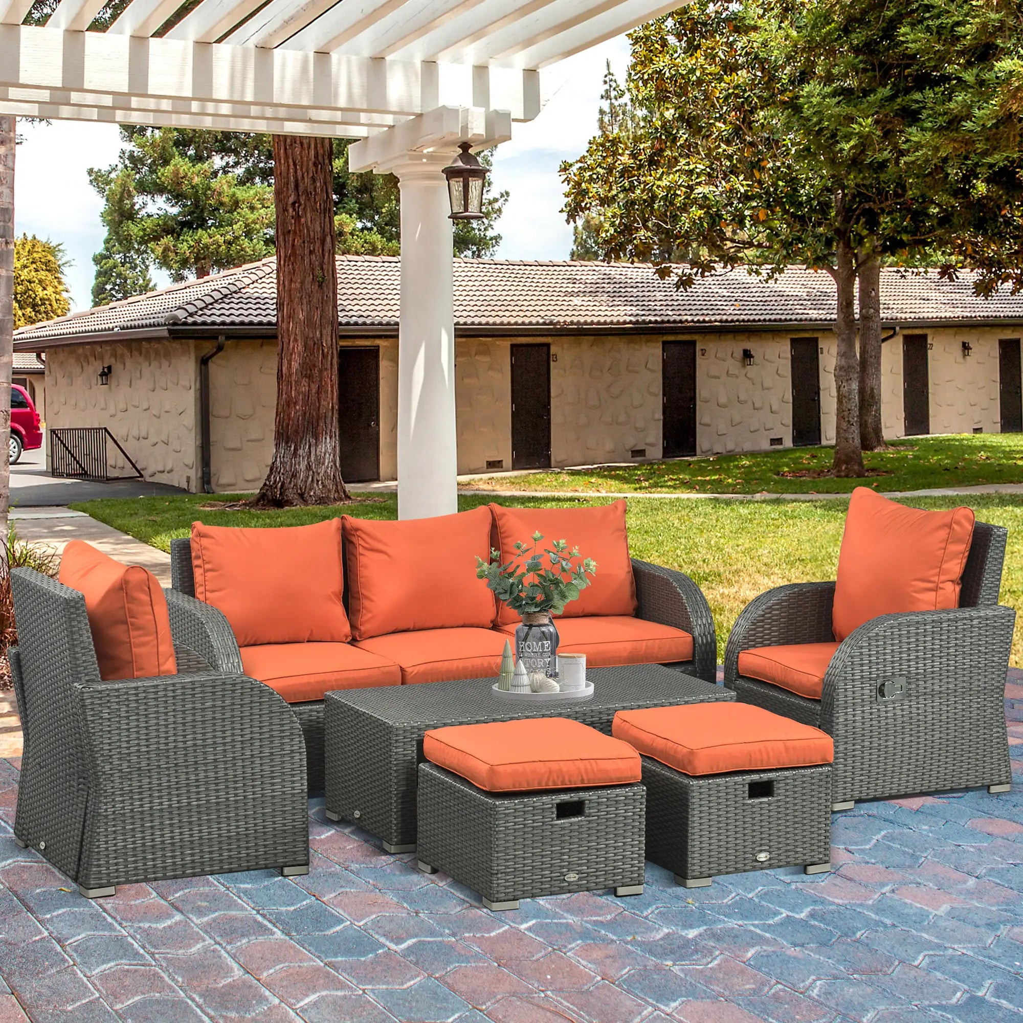 6-Piece PE Wicker Patio Sectional Set, Sofa, 2 Chairs, 2 Footstools, Table, Orange Patio Furniture Sets at Gallery Canada