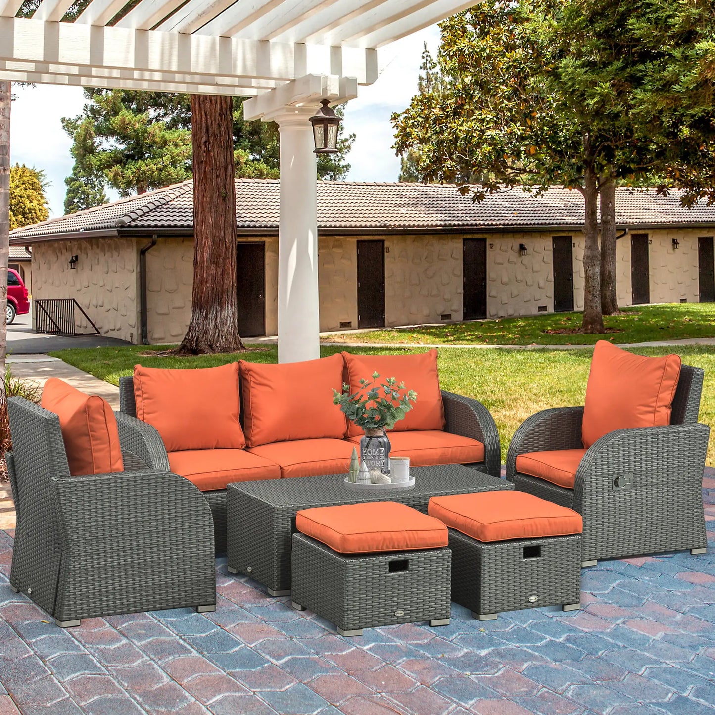 6-Piece PE Wicker Patio Sectional Set, Sofa, 2 Chairs, 2 Footstools, Table, Orange Patio Furniture Sets at Gallery Canada