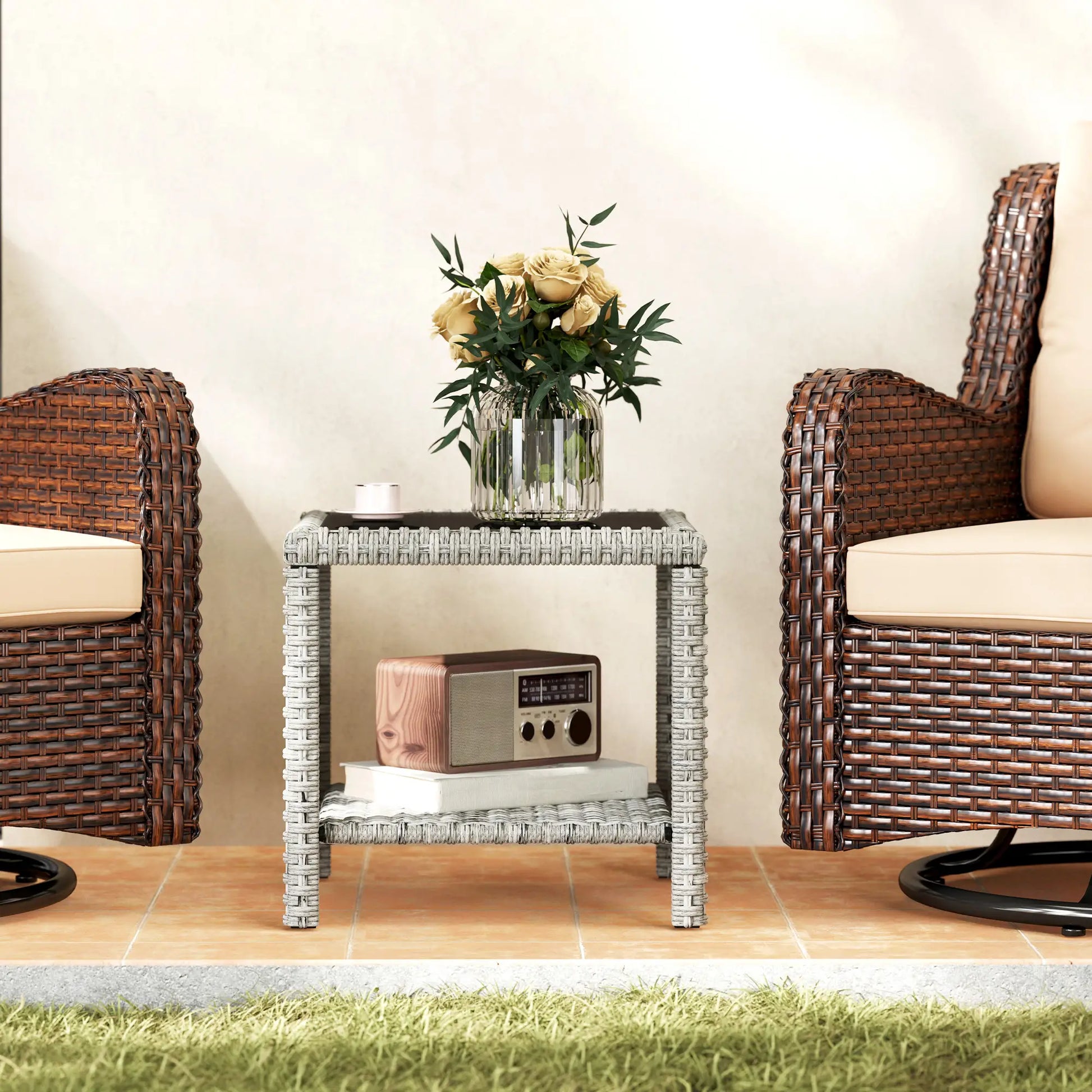 19 Outdoor Wicker Coffee Table, Glass Top, Storage Shelf, Dark Grey Patio Dinning Tables at Gallery Canada