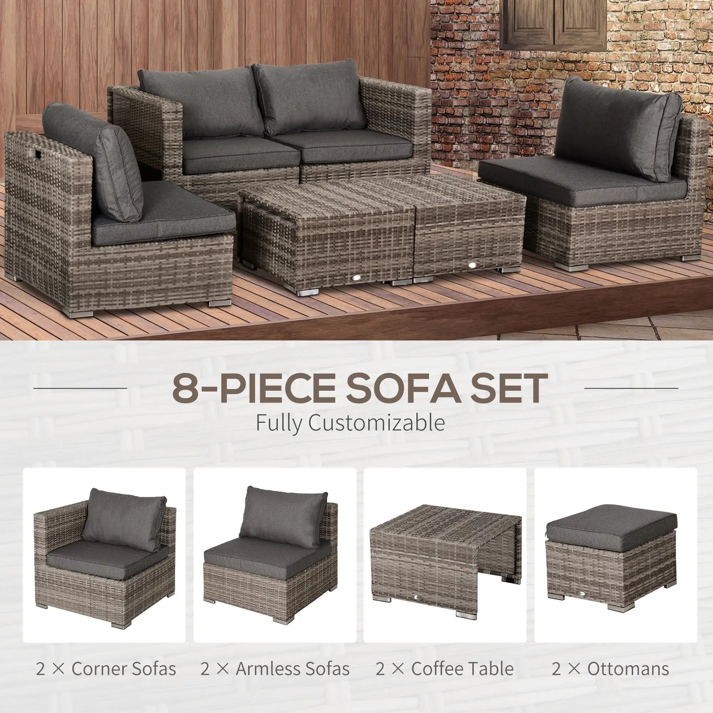 8-Piece Patio Furniture Set, Outdoor Wicker Rattan Sofa, Tea Table, Footstool, Grey & Orange Patio Furniture Sets at Gallery Canada