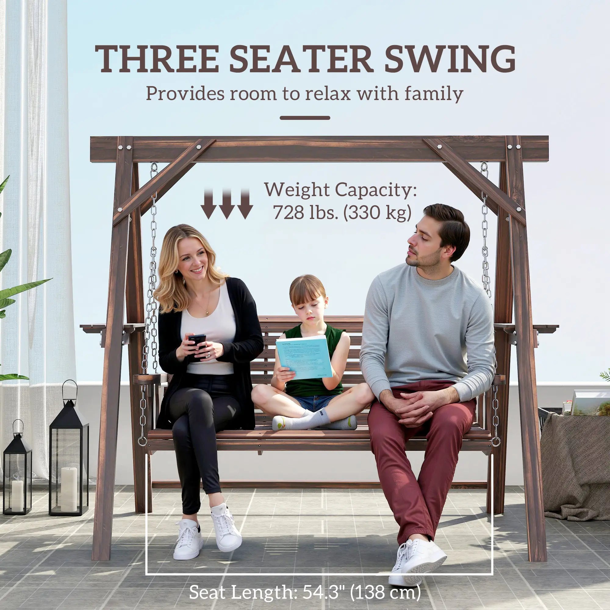 3 Seat Wooden Porch Swing With Stand, Carbonized Brown Patio Swings with Stand at Gallery Canada
