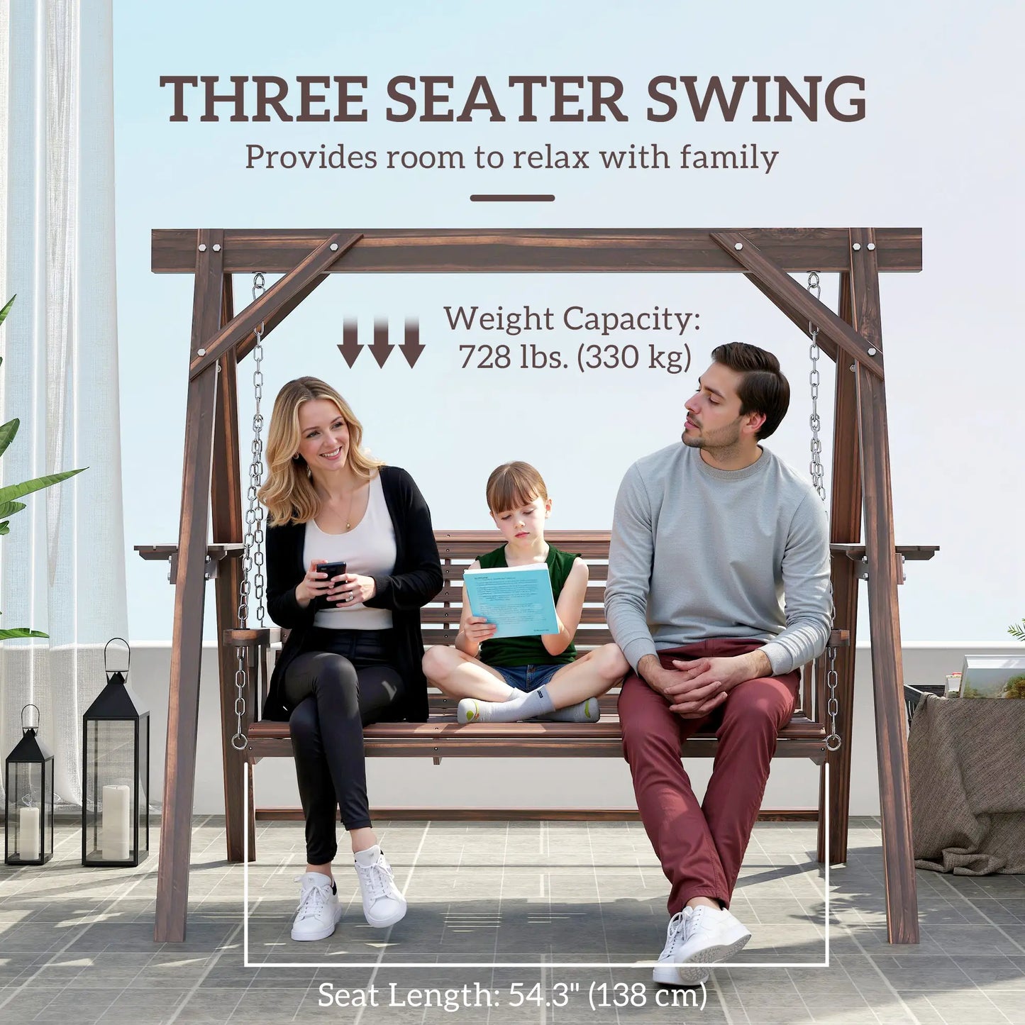 3 Seat Wooden Porch Swing With Stand, Carbonized Brown Patio Swings with Stand at Gallery Canada
