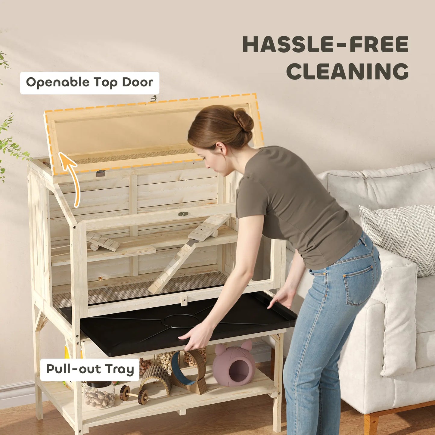 Cage en bois pour hamster, dessus ouvrable, biberon d'eau, panneaux transparents, transparent