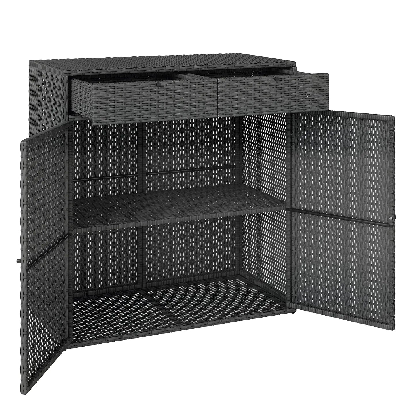 Wicker Outdoor Storage Cabinet, 2 Doors, Drawers, 2-Tier Shelf, Dark Grey Patio Storage Boxes at Gallery Canada