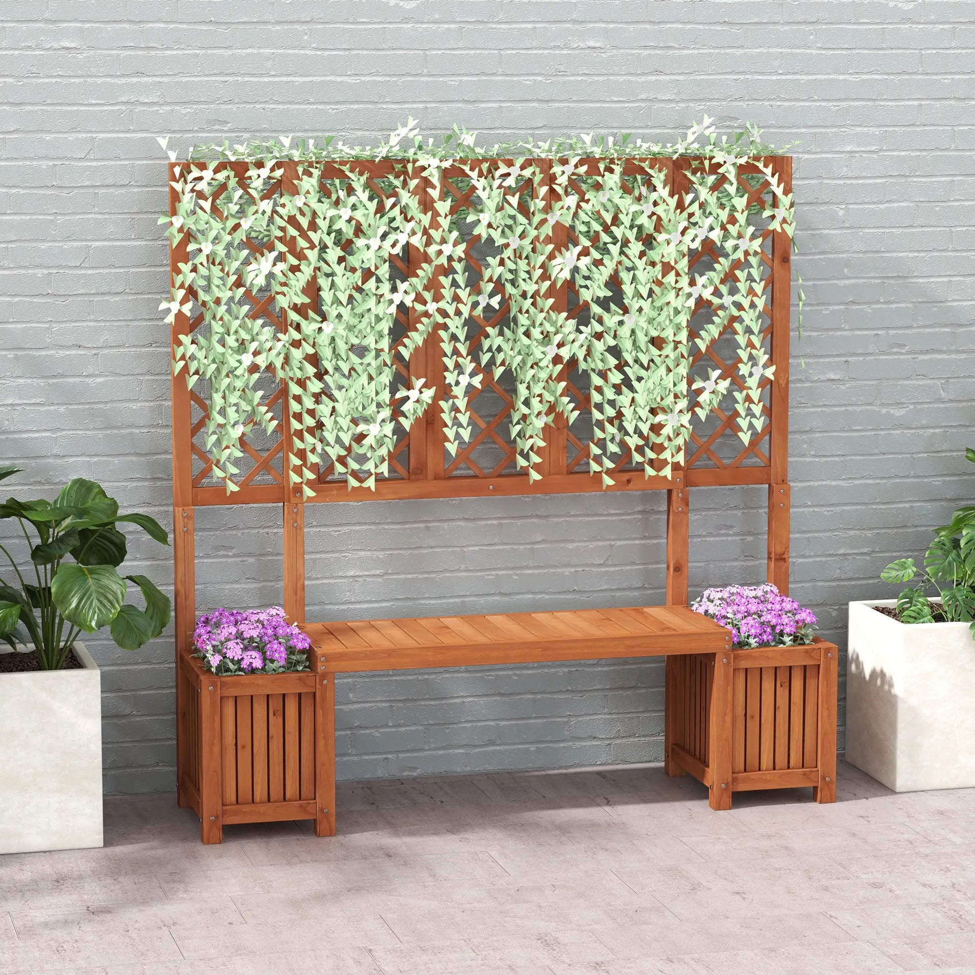Wood Outdoor Bench with Trellis, 2 Planter Boxes, Privacy Panel, Brown Patio Chairs at Gallery Canada