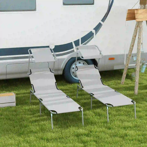 Outdoor Lounge Chair, Adjustable Folding Chaise With Sun Shade, Light Grey