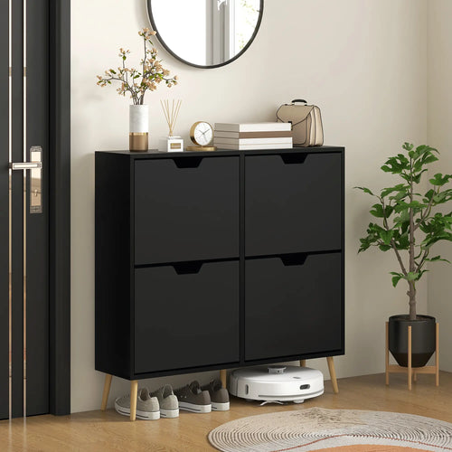 Shoe Storage Cabinet, 4 Flip Drawers, Adjustable Shelf, Holds 8-16 Pairs, Black