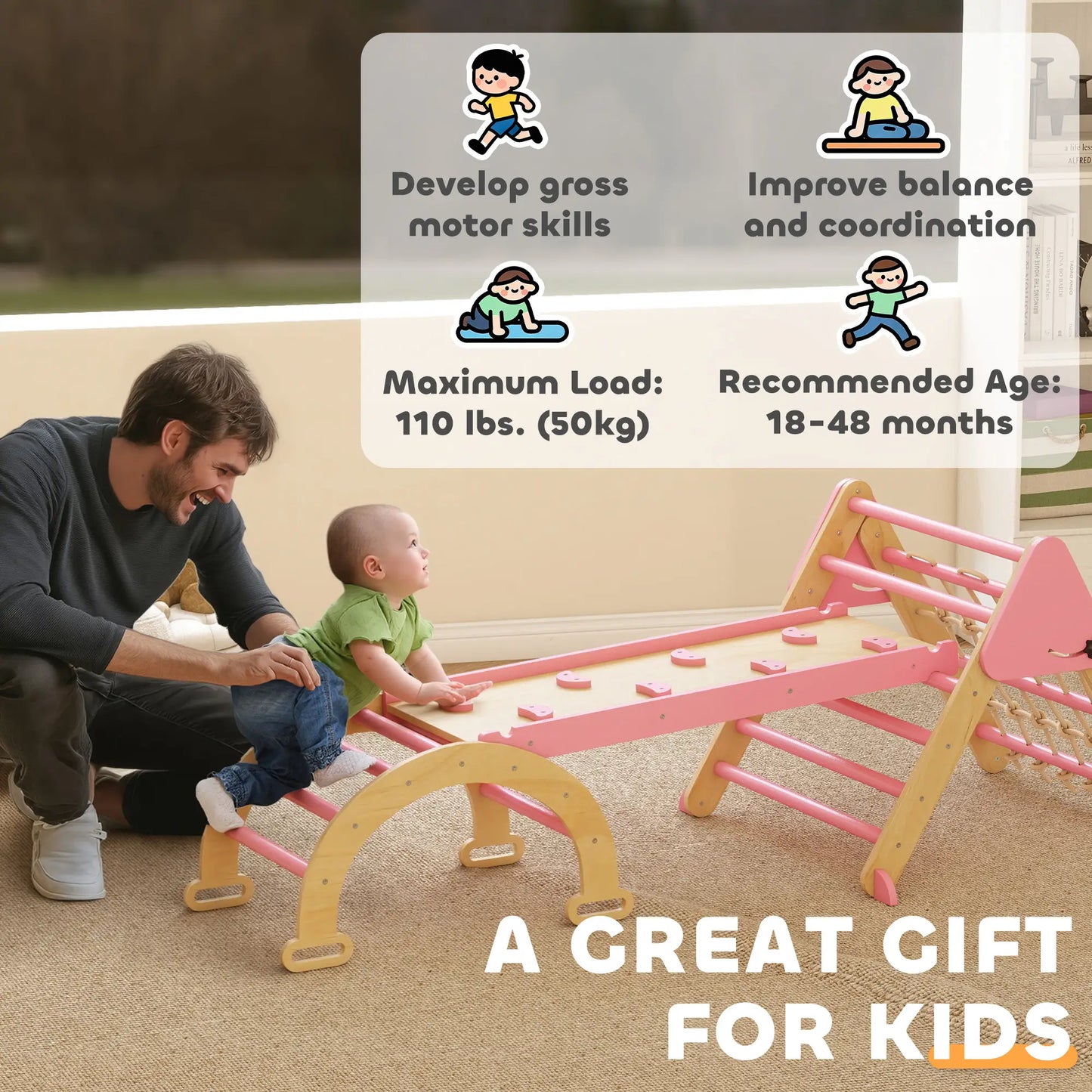 8-in-1 Pikler Triangle Set, Foldable Wooden Climbing Toys, Pink Kids Gym & Playmats at Gallery Canada