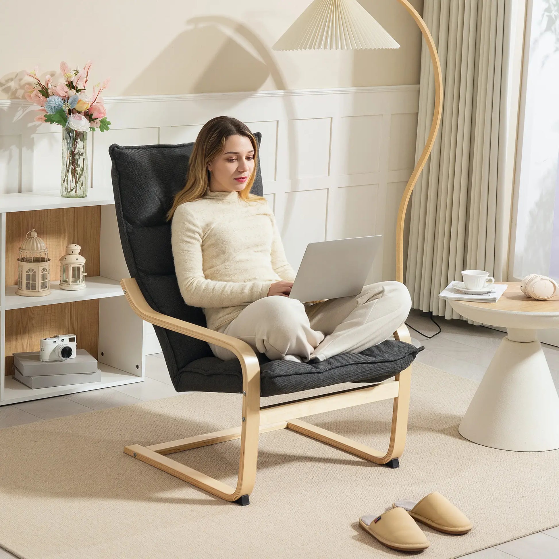 Modern Upholstered Armchair, Curved Leg, Living Room, Dark Grey Accent Chairs at Gallery Canada