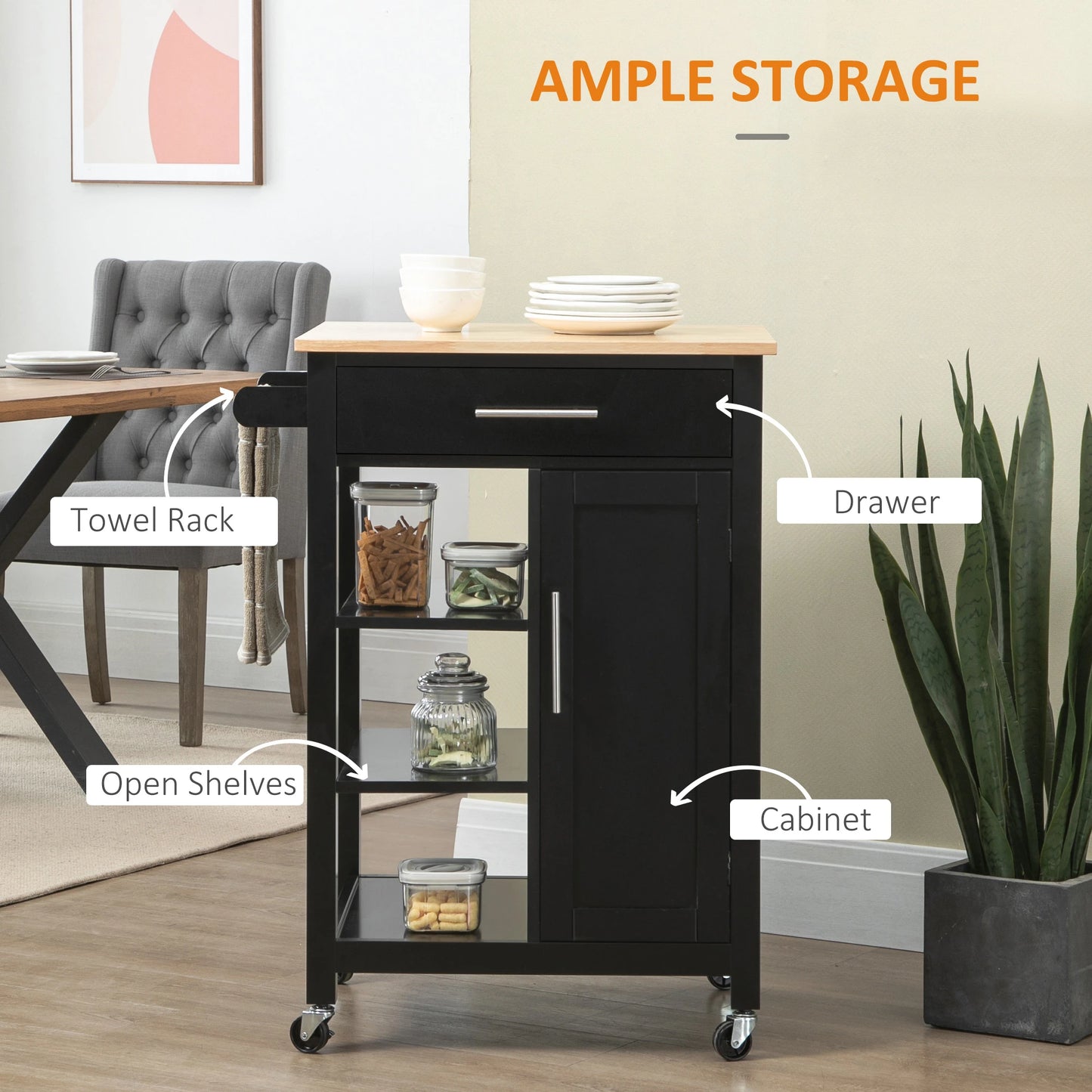 Compact Kitchen Cart on Wheels, Open Shelf, Storage Drawer, Black Kitchen Islands & Kitchen Carts at Gallery Canada