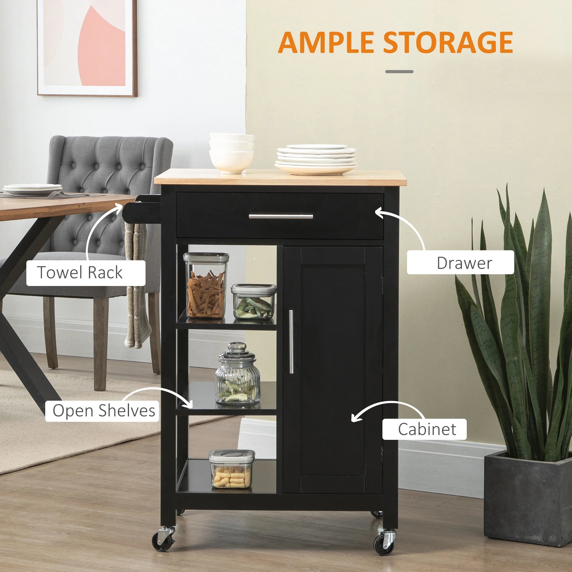Compact Kitchen Cart on Wheels, Open Shelf, Storage Drawer, Black Kitchen Islands & Kitchen Carts at Gallery Canada