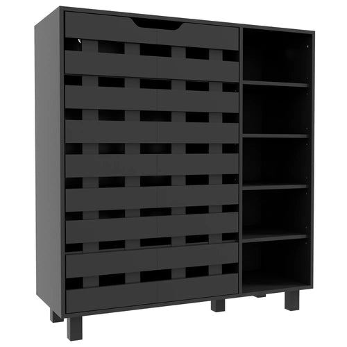 21 Pair Shoe Cabinet, 5-Tier Double Door, 5-Tier Open Shelves, Black