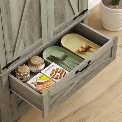 Farmhouse Kitchen Pantry Cabinet, 64" Freestanding with Drawers, Distressed Grey, Grey Kitchen Pantry Cabinets at Gallery Canada