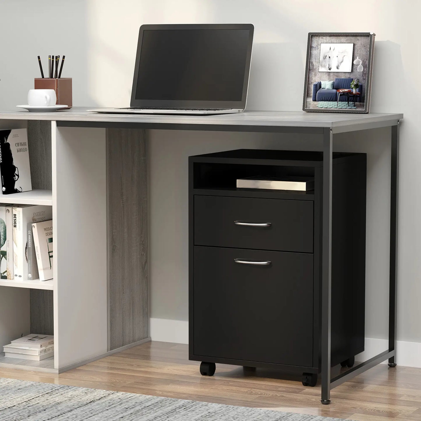 24" Small Filing Cabinet, Open Compartment, Drawer, Wheels, Black Office Cabinets & Cupboards at Gallery Canada