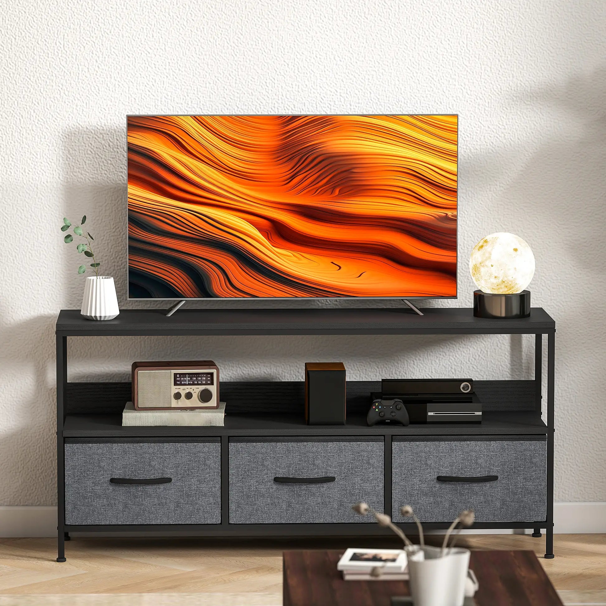 TV Stand with Charging Station, 3 Foldable Drawers, Open Shelf, 55 Inch, Black TV Stands at Gallery Canada