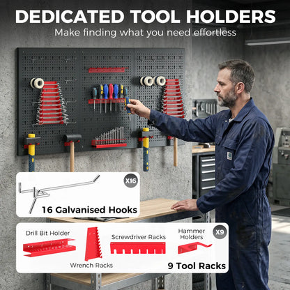 28 Piece Metal Peg Board with Accessories, Shelf Tool Organizer, Black and Red Tool Organizers at Gallery Canada