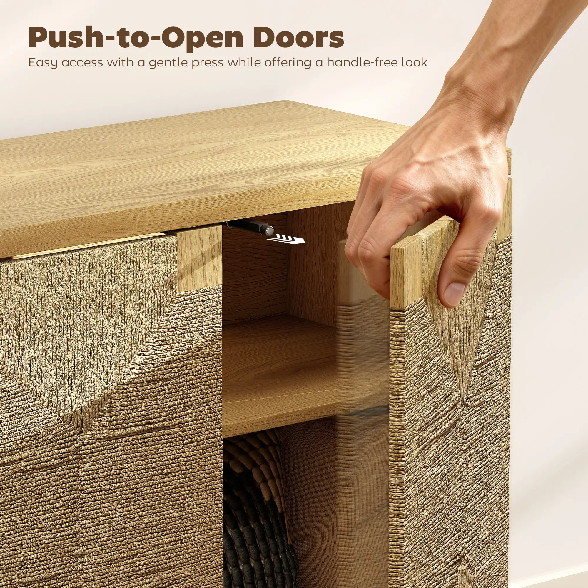 Handwoven Rope Accent Cabinet, Boho Sideboard, Push to Open Doors, Adjustable Shelf Storage Cabinets at Gallery Canada