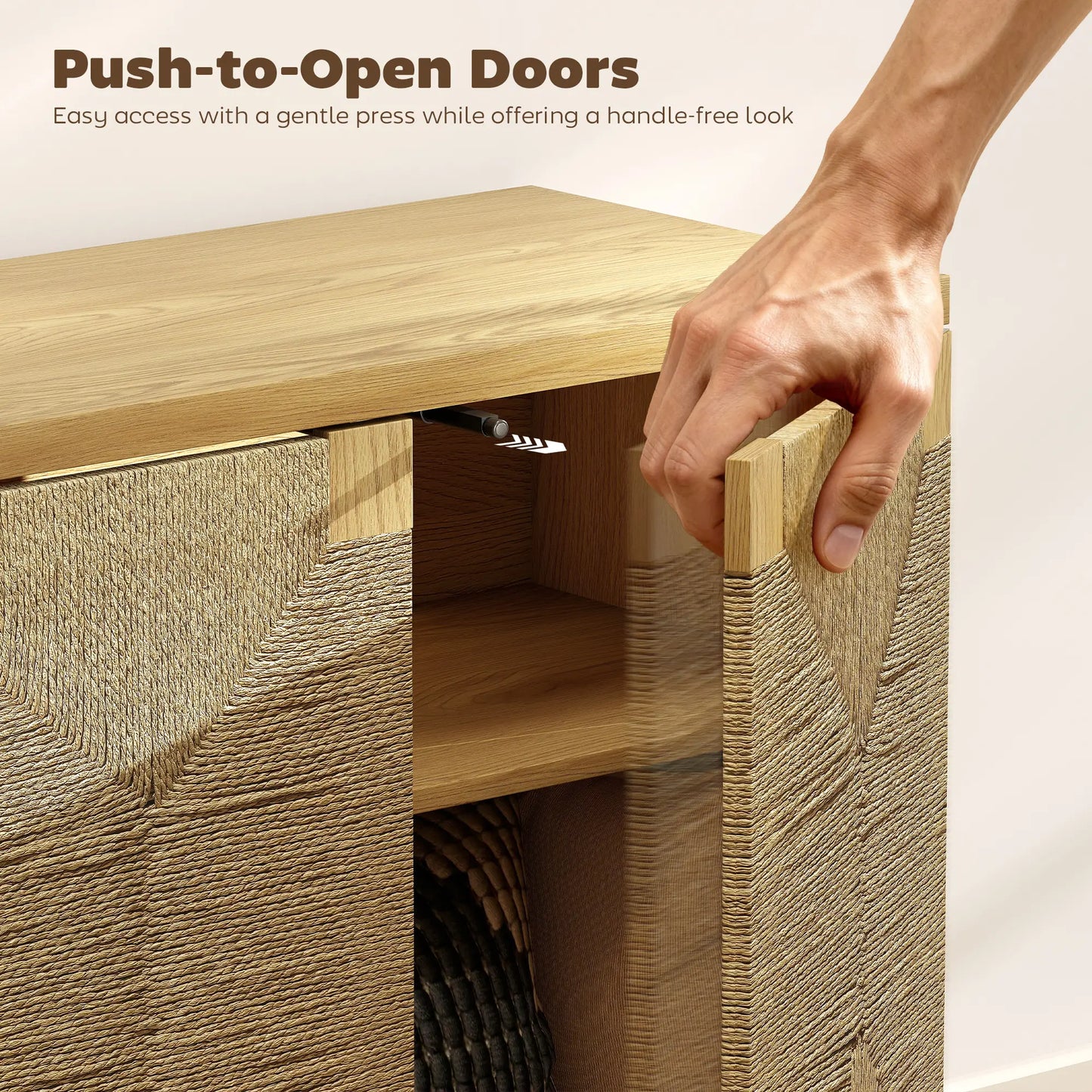 Handwoven Rope Accent Cabinet, Boho Sideboard, Push to Open Doors, Adjustable Shelf Storage Cabinets at Gallery Canada