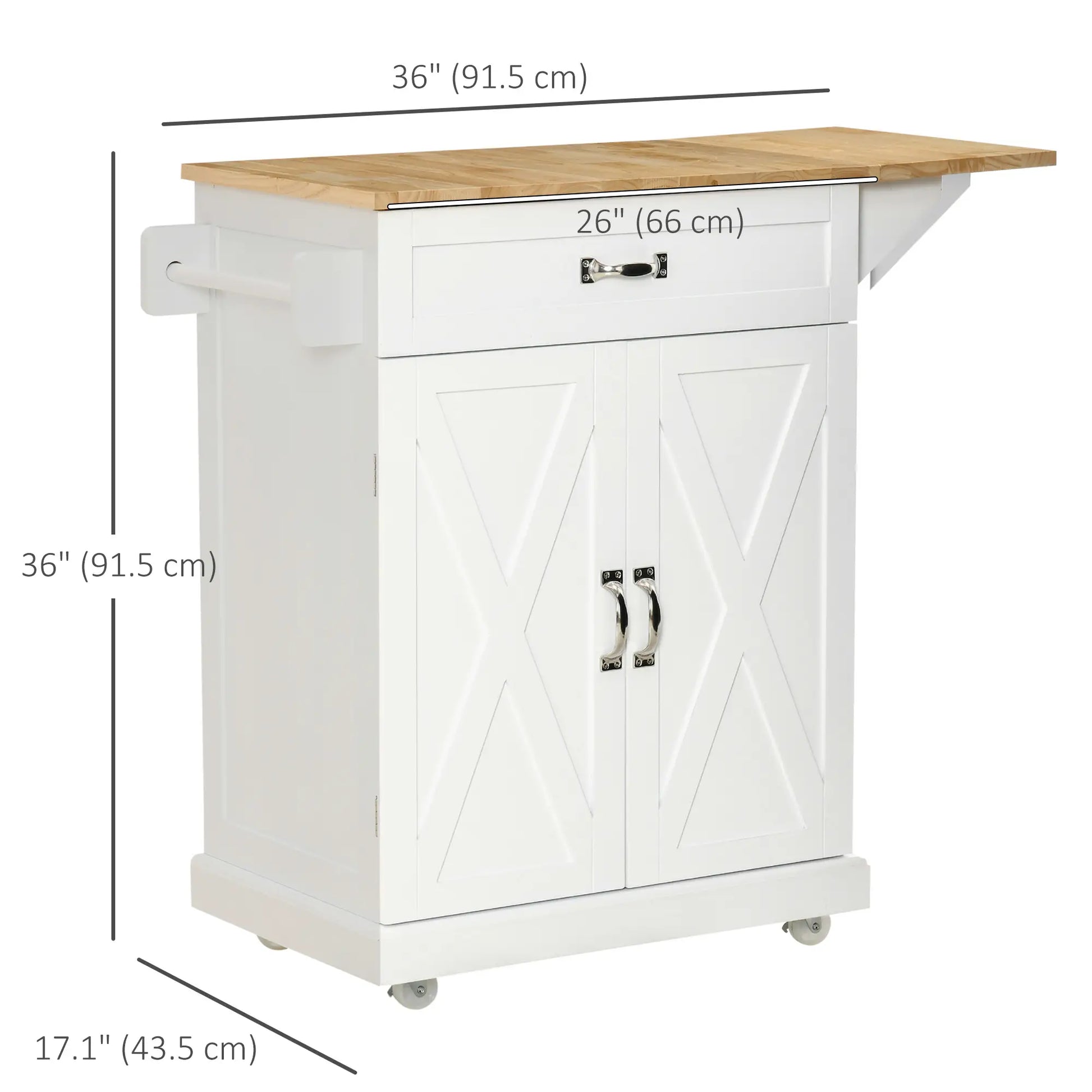 Foldable Kitchen Island with Storage Drawer, Farmhouse Style Rolling Utility Cart, Coffee Bar Cabinet on Wheels with Drop-Leaf Wood Top, White Kitchen Islands & Kitchen Carts at Gallery Canada
