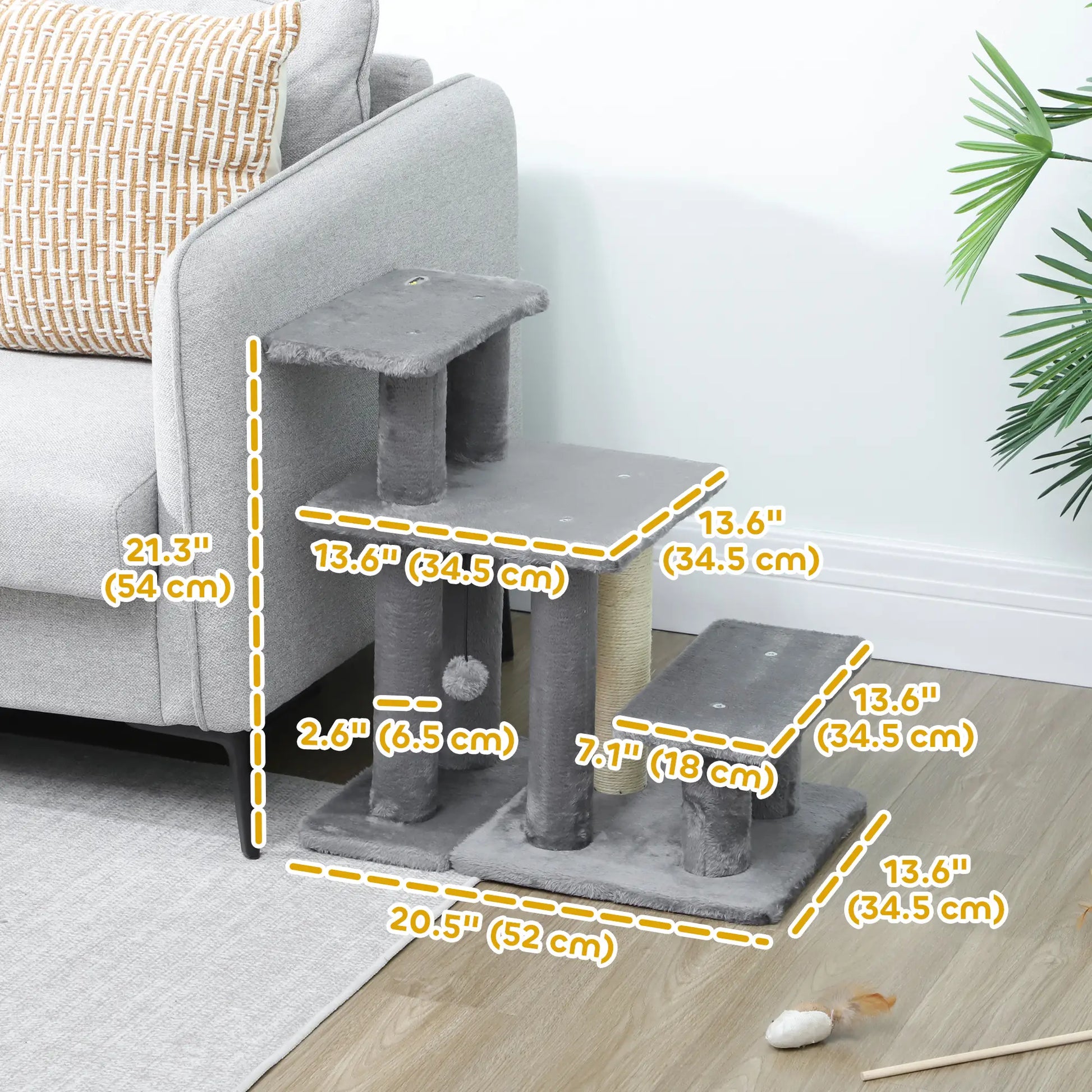 Cat Stairs with 2 Sisal Scratching Posts, Adjustable 3-Tier, Grey Dog Stairs at Gallery Canada