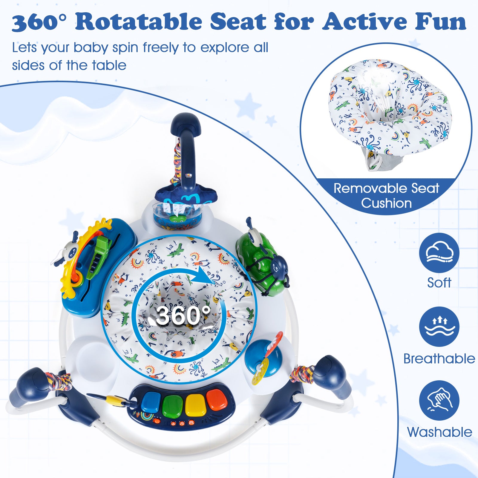 Baby Activity Center, Jumper Bouncer, 6 Interactive Toys, Lights Music, Blue High Chairs at Gallery Canada