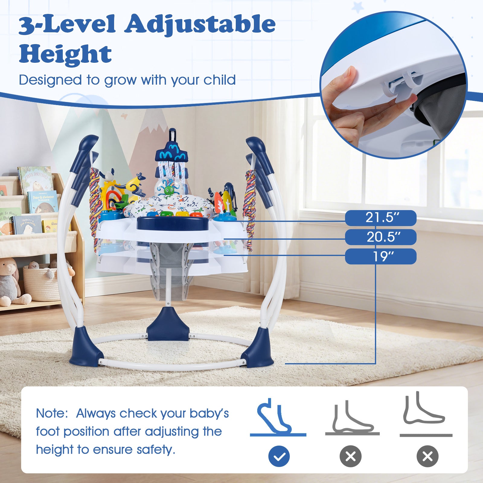 Baby Activity Center, Jumper Bouncer, 6 Interactive Toys, Lights Music, Blue High Chairs at Gallery Canada