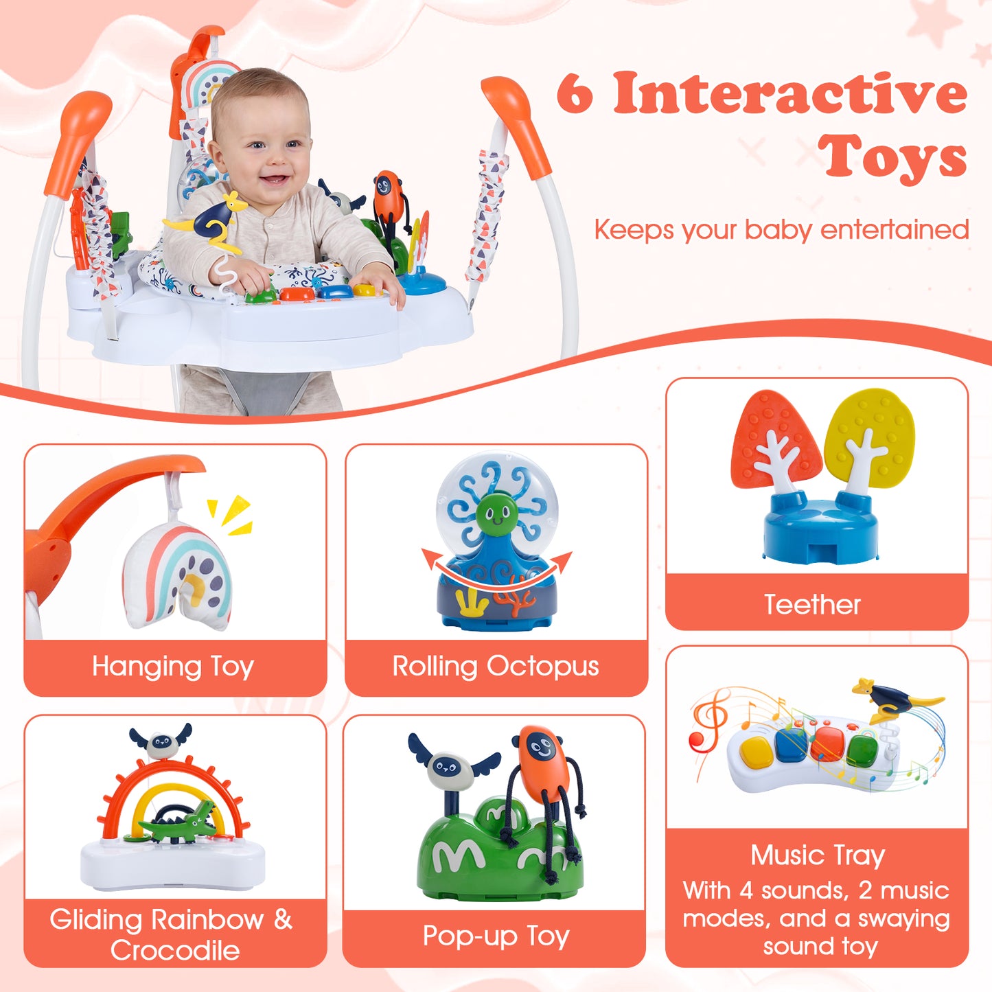 Baby Activity Center, Jumper Bouncer, 6 Interactive Toys, Lights Music, Orange High Chairs at Gallery Canada