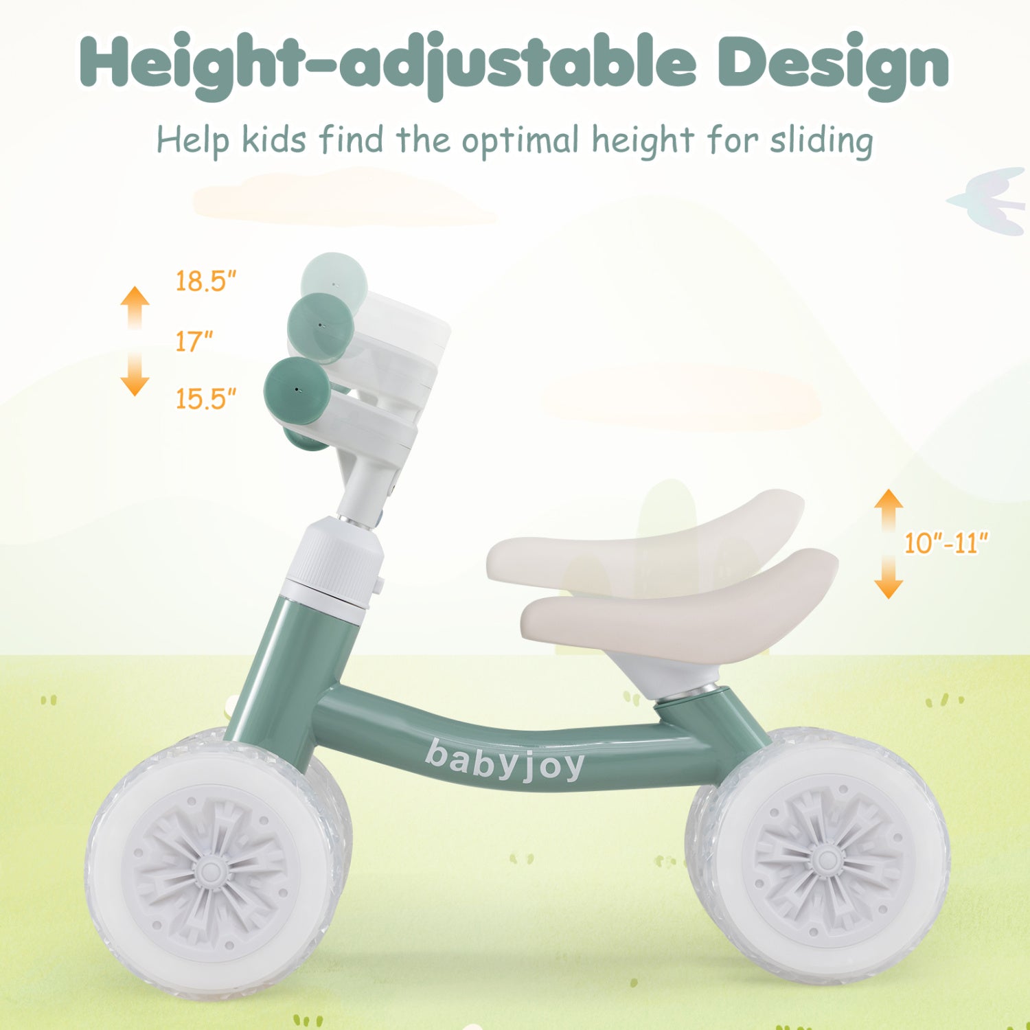 Baby Balance Bike, Adjustable Handlebar Seat, Lighting Wheels, Green Balance Bikes at Gallery Canada